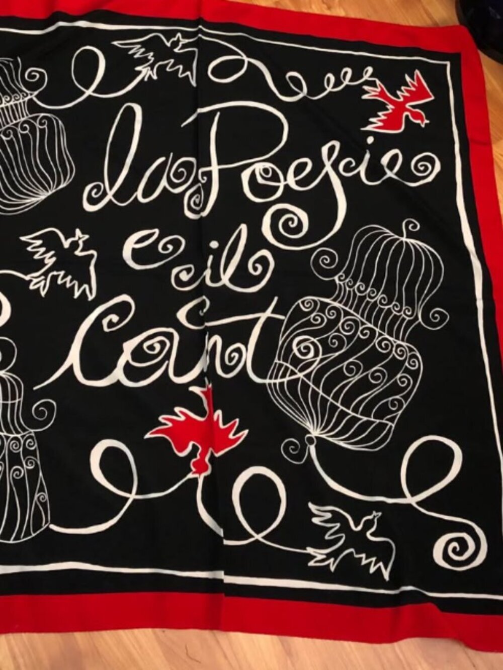 Vintage French Scarf Black White Red Bird and Birdcage